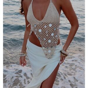 Beige Crochet Halter Swim Top